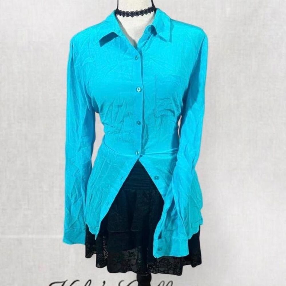 Fairycore Office Sky Blue Babydoll Long Sleeve Button Up Top
